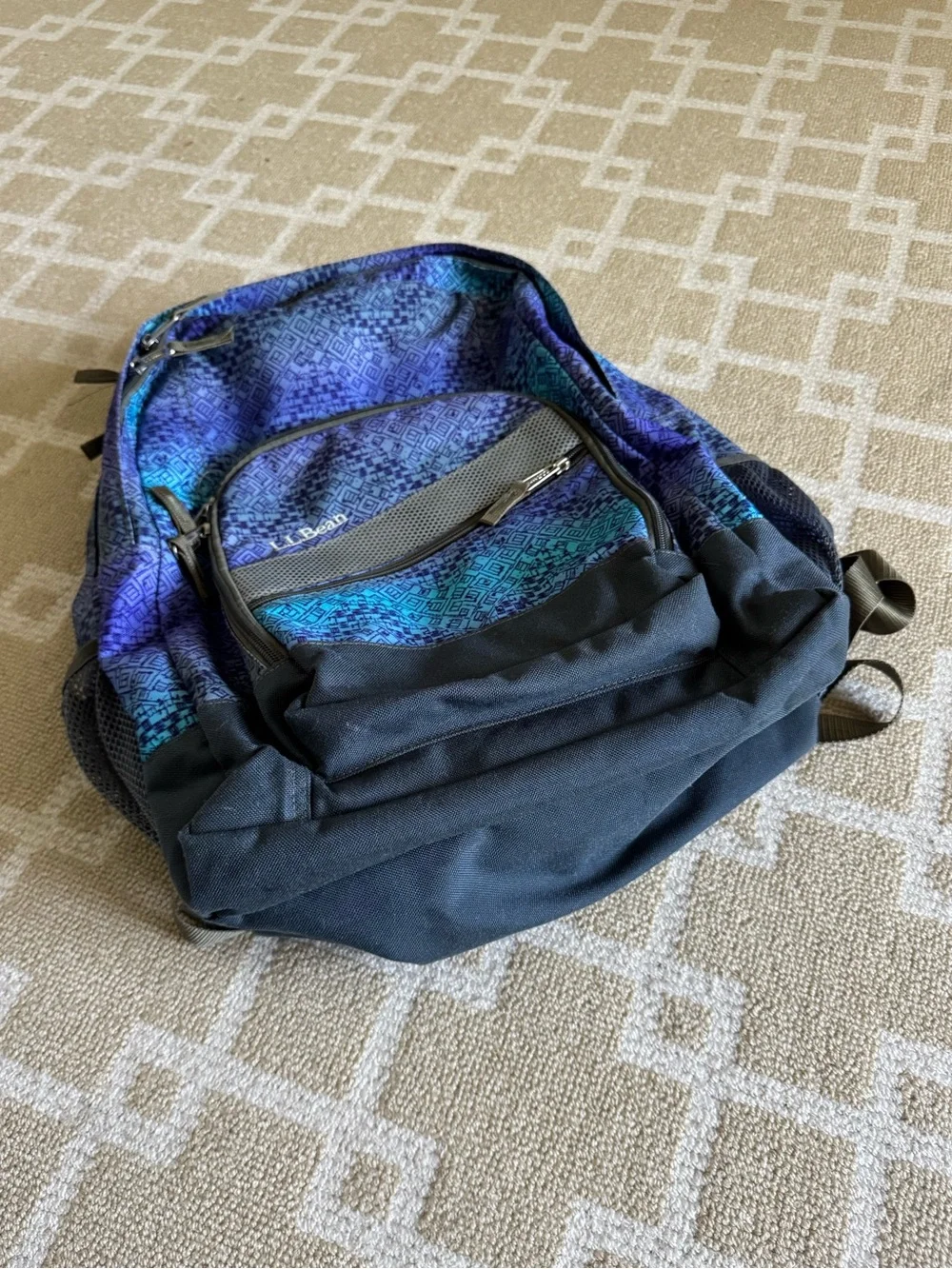L.L.Bean Geometric Print School Backpack Blue Purple Book Bag Travel O/S